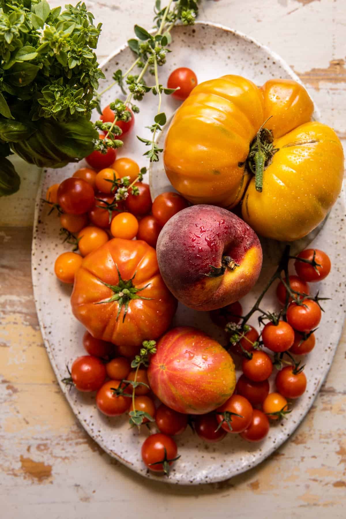 Hot Bacon Tomato Peach Goat Cheese Salad | halfbakedharvest.com