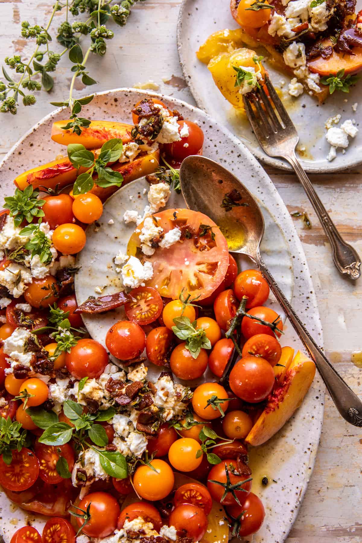 Hot Bacon Tomato Peach Goat Cheese Salad | halfbakedharvest.com