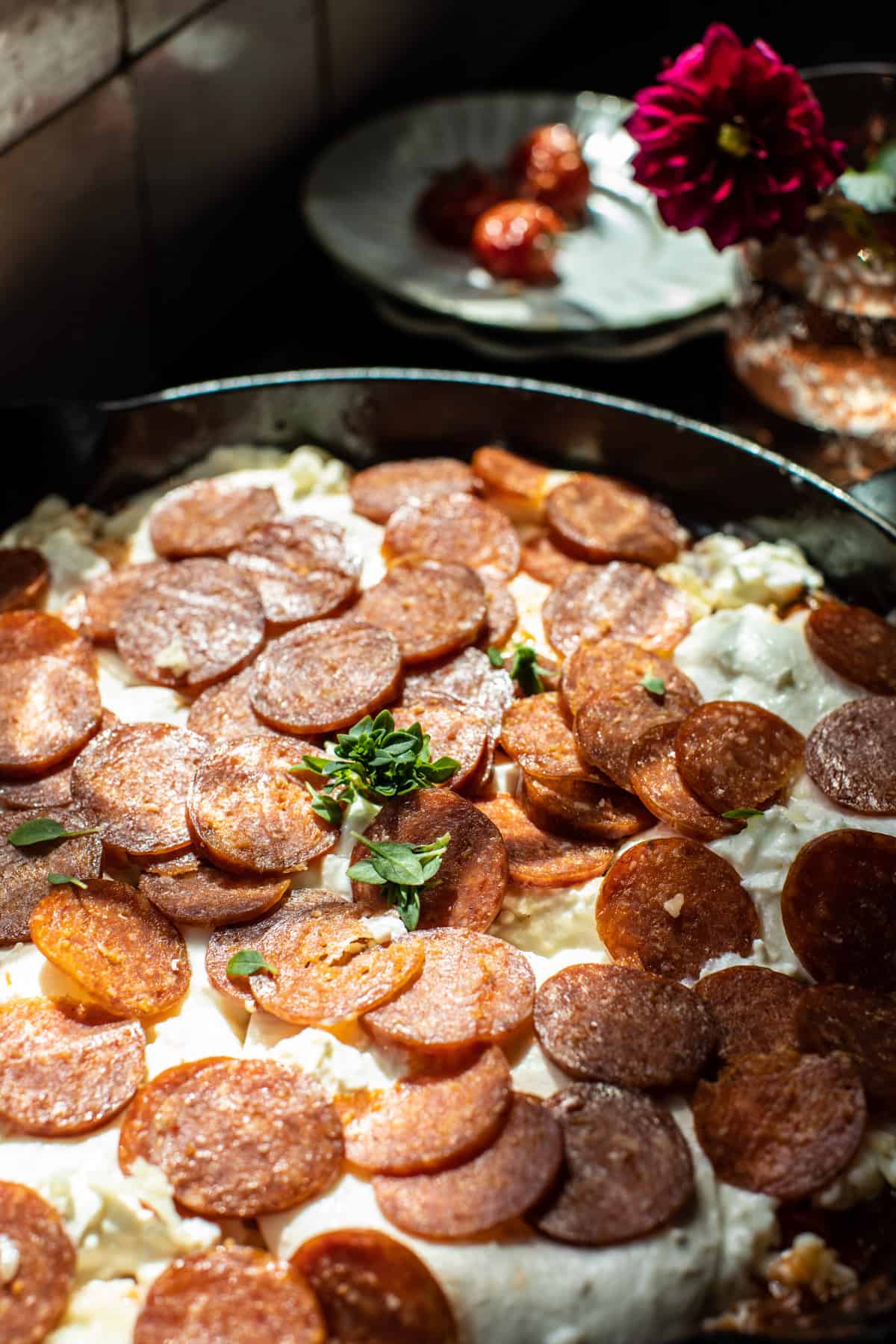 Tomato Burrata Pepperoni Pizza Dip | halfbakedharvest.com