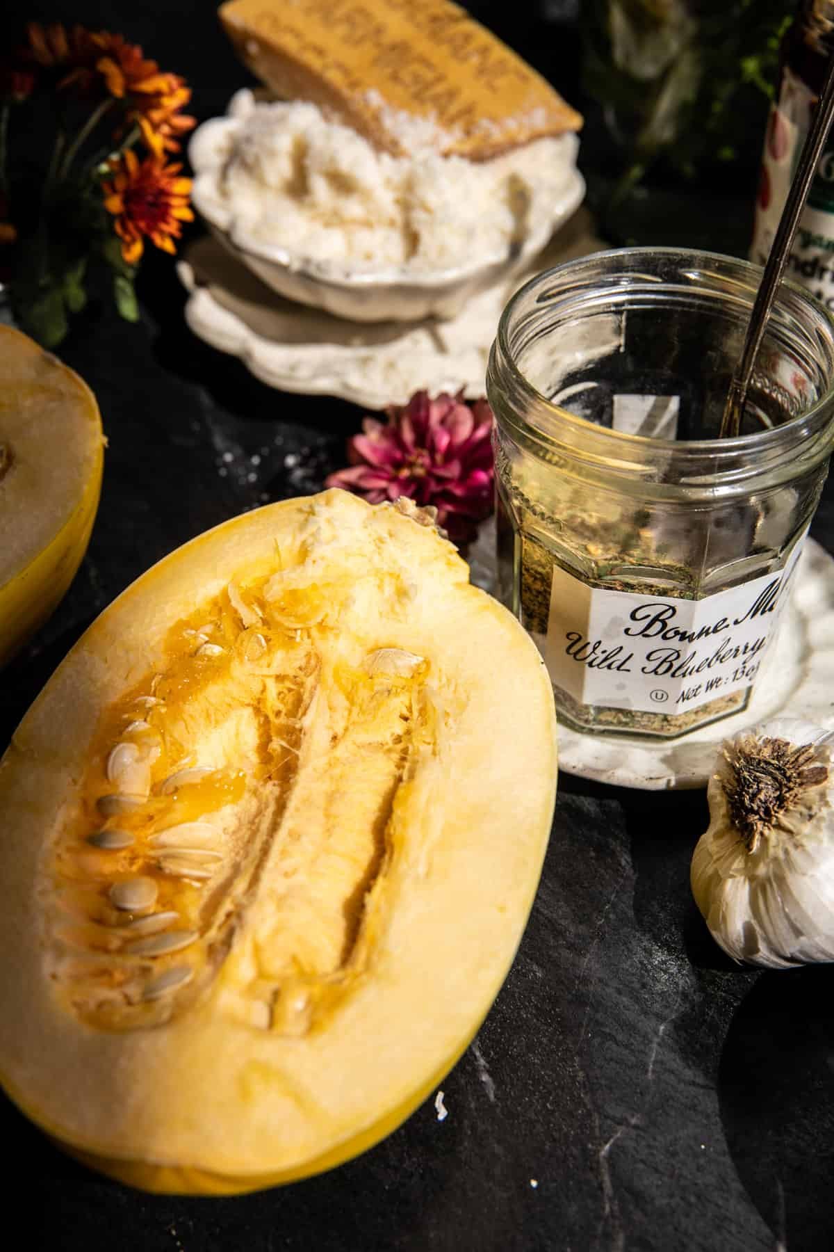 Garlic Butter Chicken Meatball Stuffed Spaghetti Squash | halfbakedharvest.com