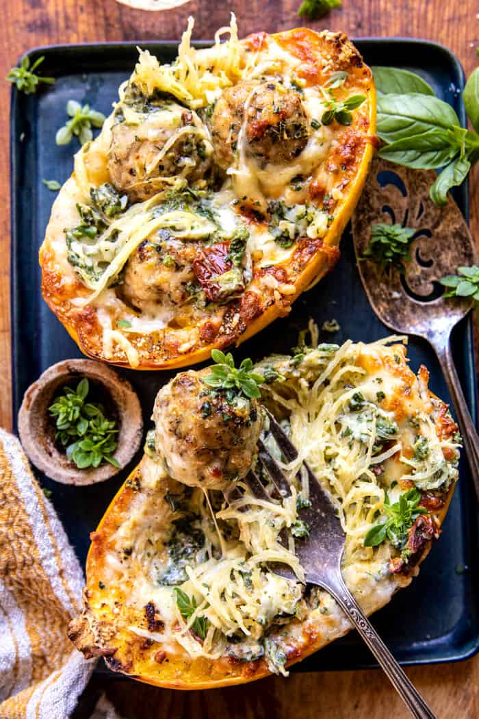 Garlic Butter Chicken Meatball Stuffed Spaghetti Squash | halfbakedharvest.com