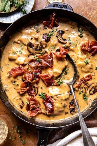 Smothered Chicken in Mushroom Wine Pan Sauce | halfbakedharvest.com