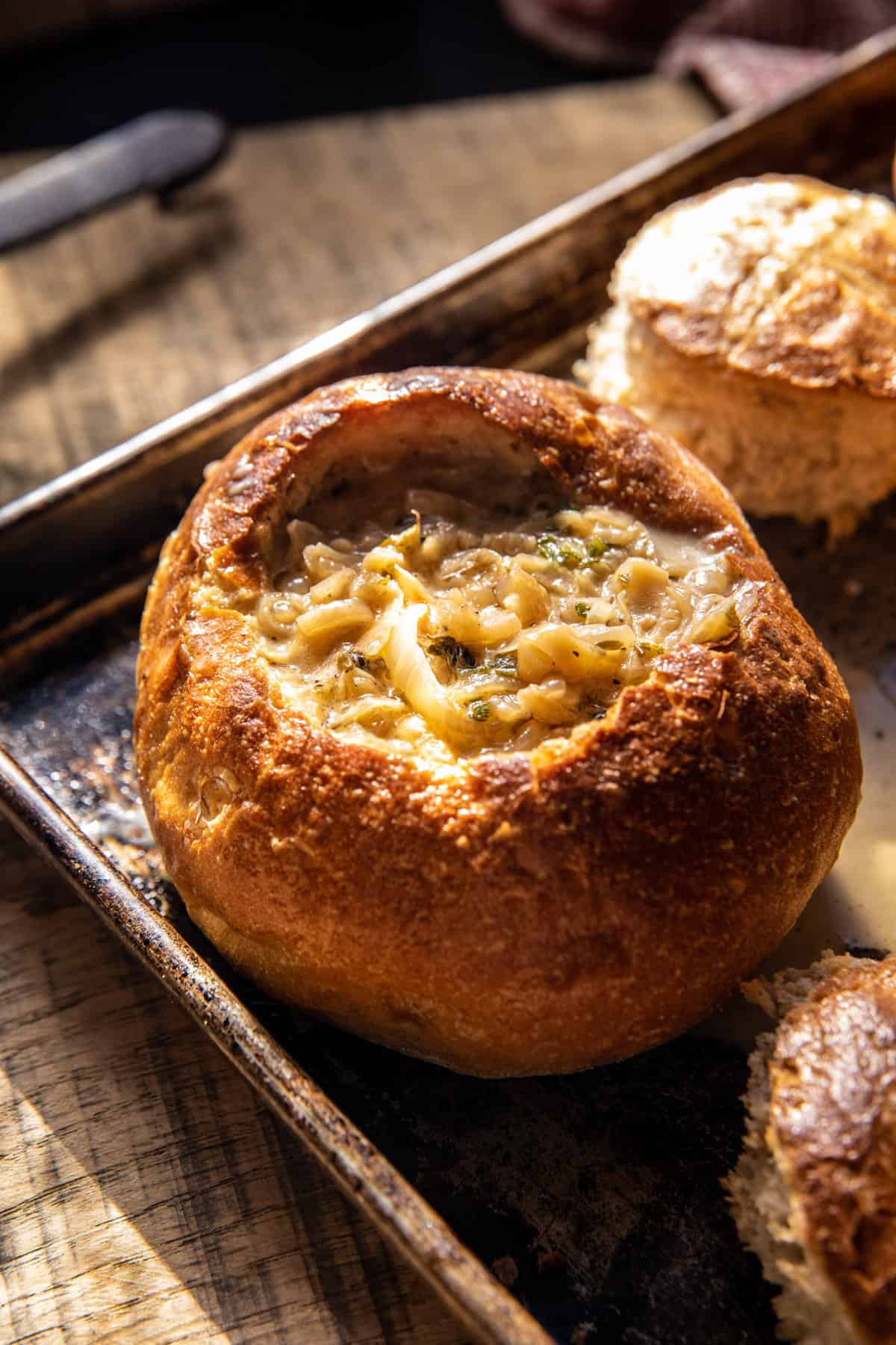 Creamy French Onion Soup Baked In Bread Bowls | halfbakedharvest.com