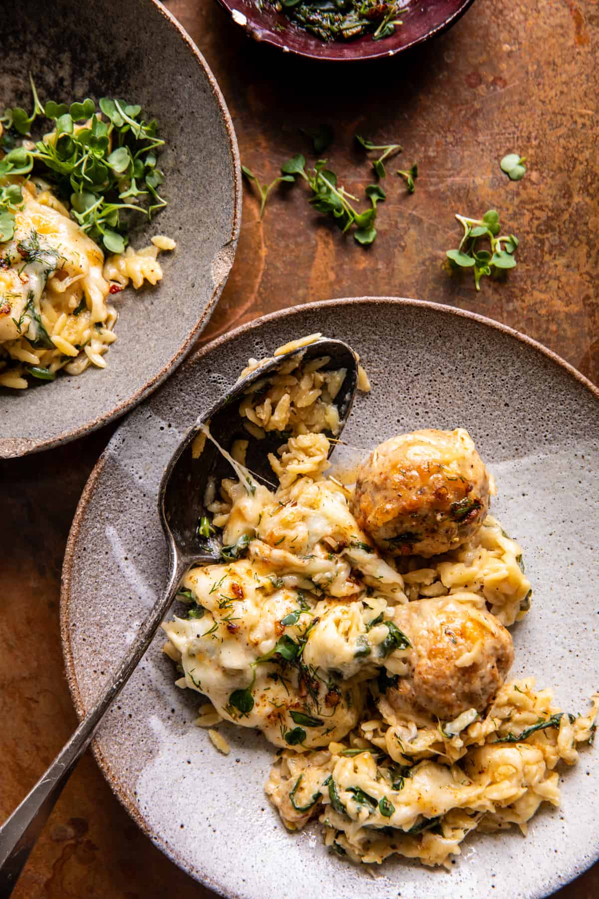 Baked Lemon Rosemary Chicken Meatballs and Creamy Orzo | halfbakedharvest.com