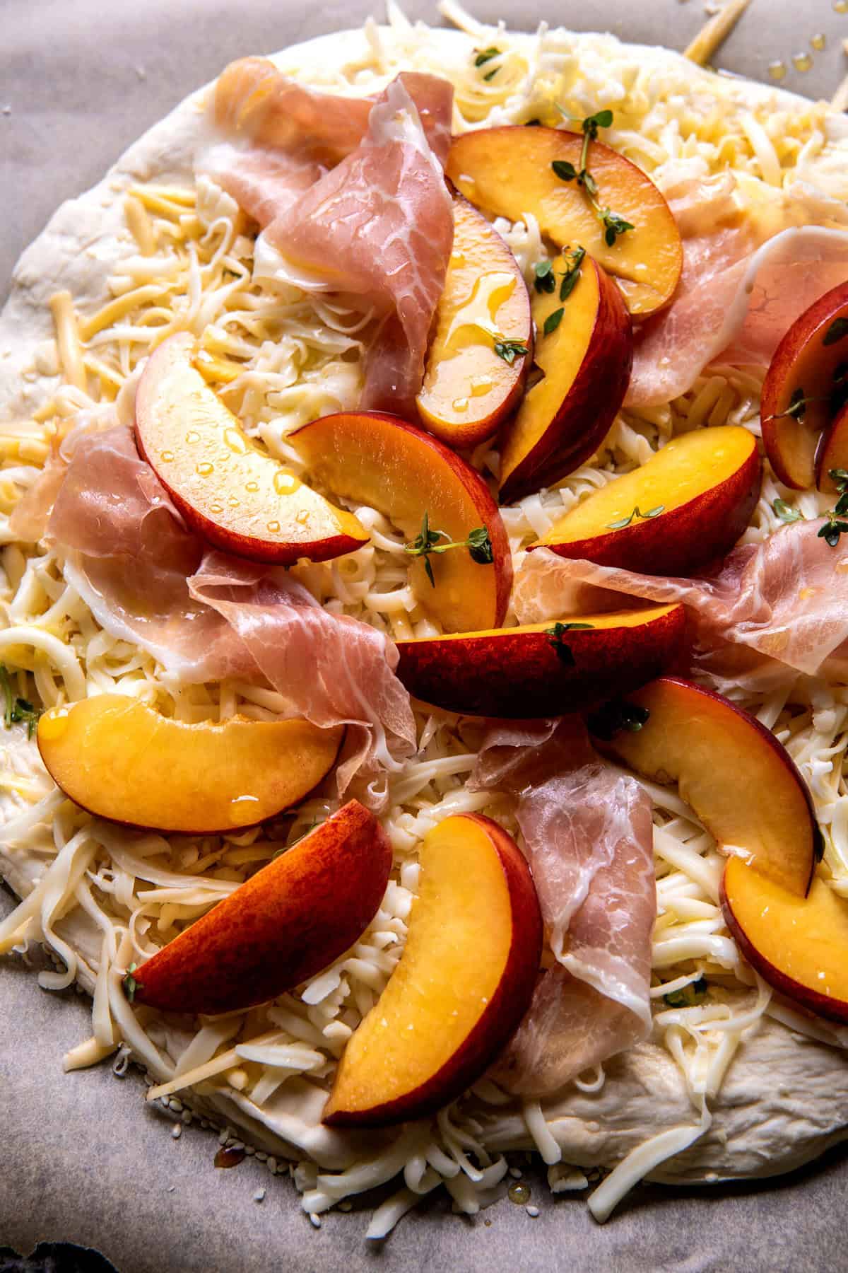3 Cheese Prosciutto Peach Pizza | halfbakedharvest.com