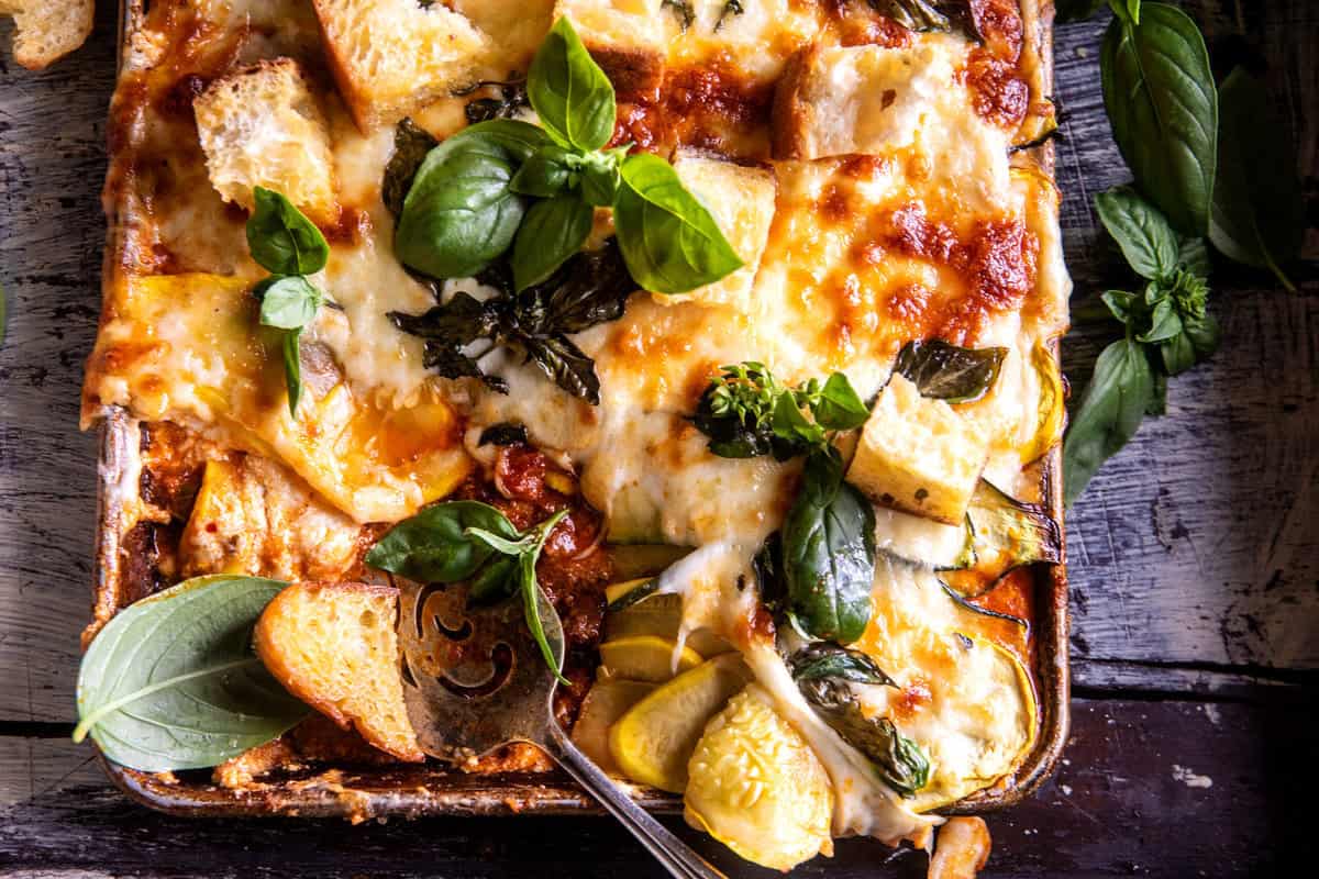 Sheet Pan Zucchini Lasagna with Garlic Croutons | halfbakedharvest.com