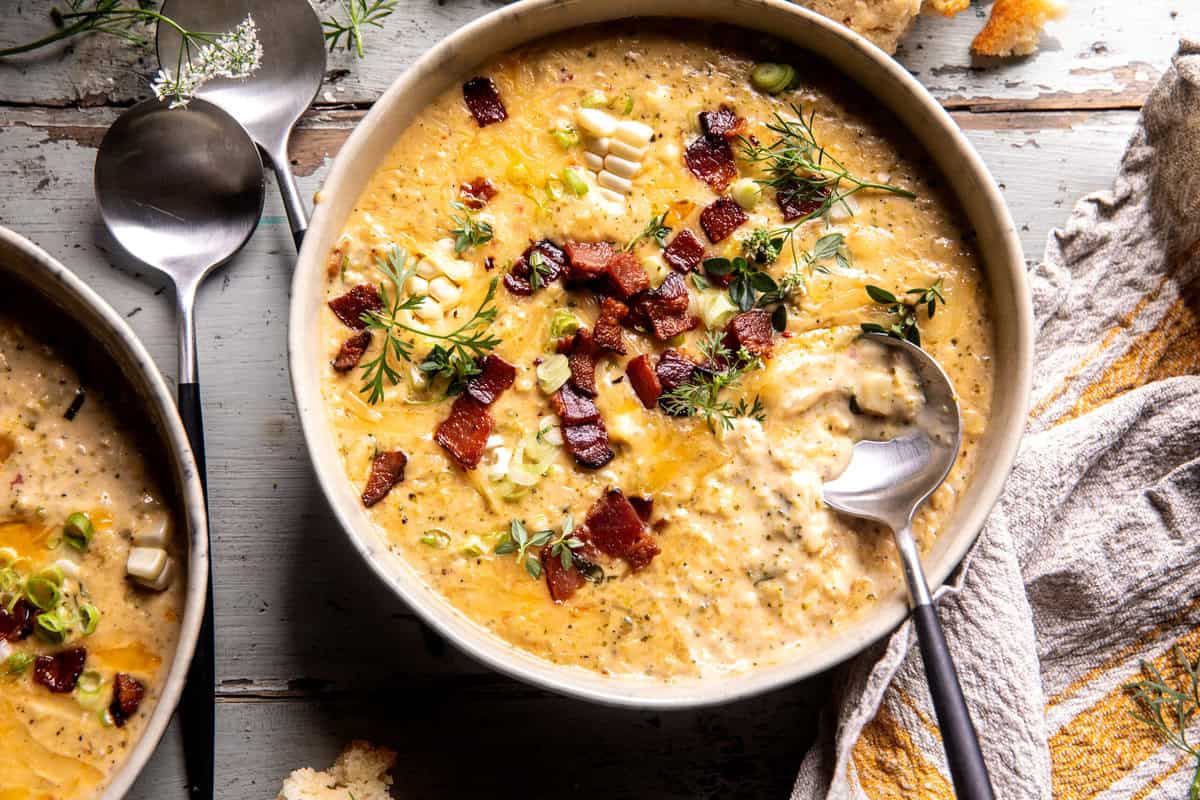 Creamy Broccoli Cheddar Chipotle Corn Chowder |halfbakedharvest.com