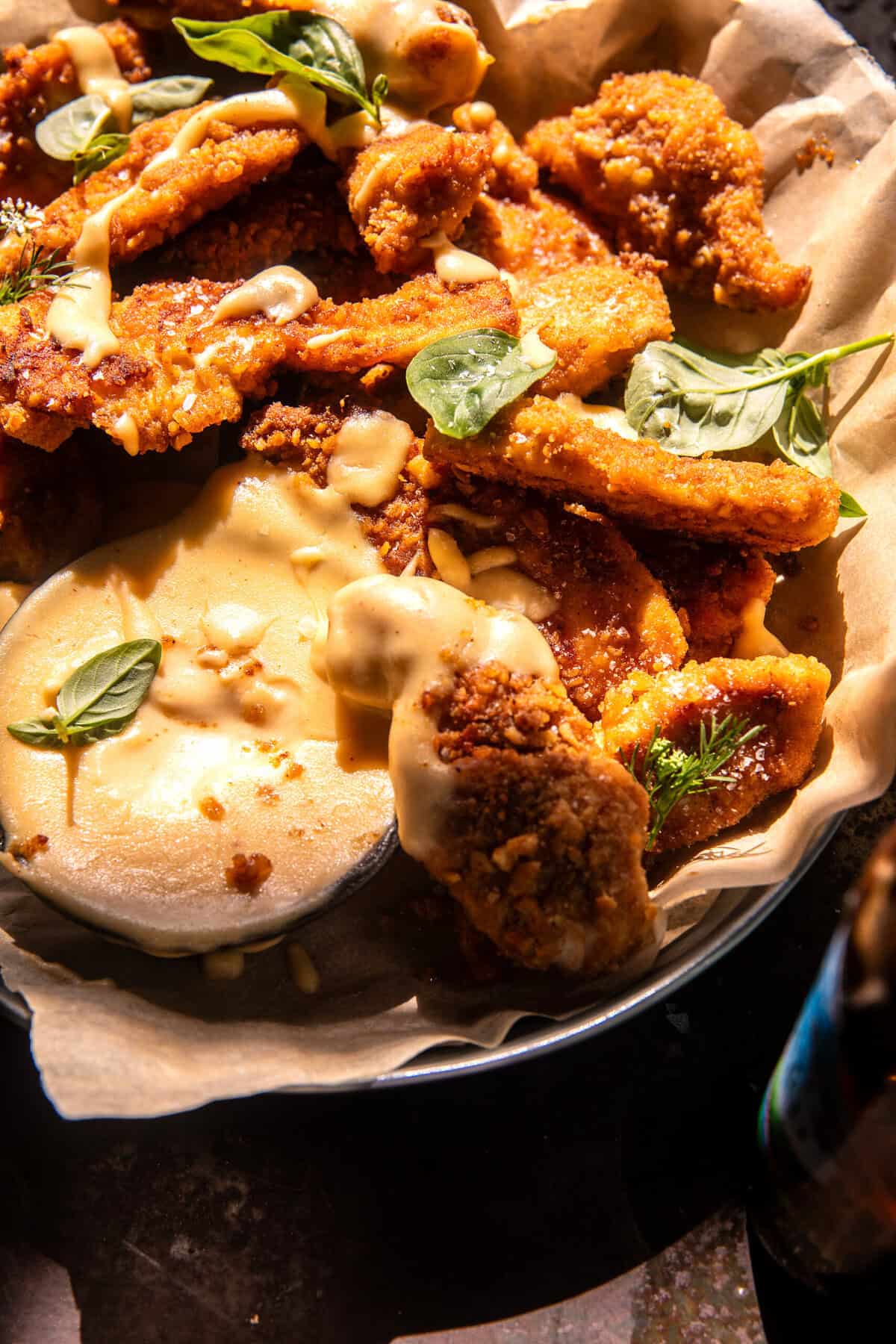 Pretzel Chicken Fingers with Spicy Honey Mustard Sauce | halfbakedharvest.com