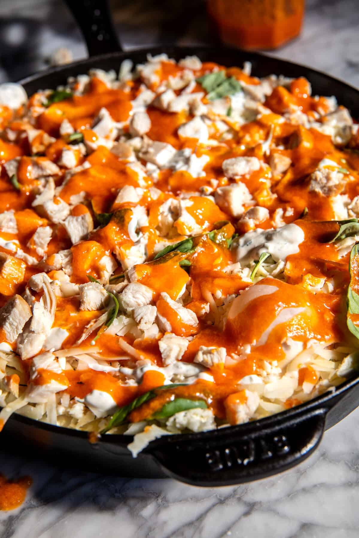 Skillet Crispy Cheese Buffalo Chicken Pizza | halfbakedharvest.com