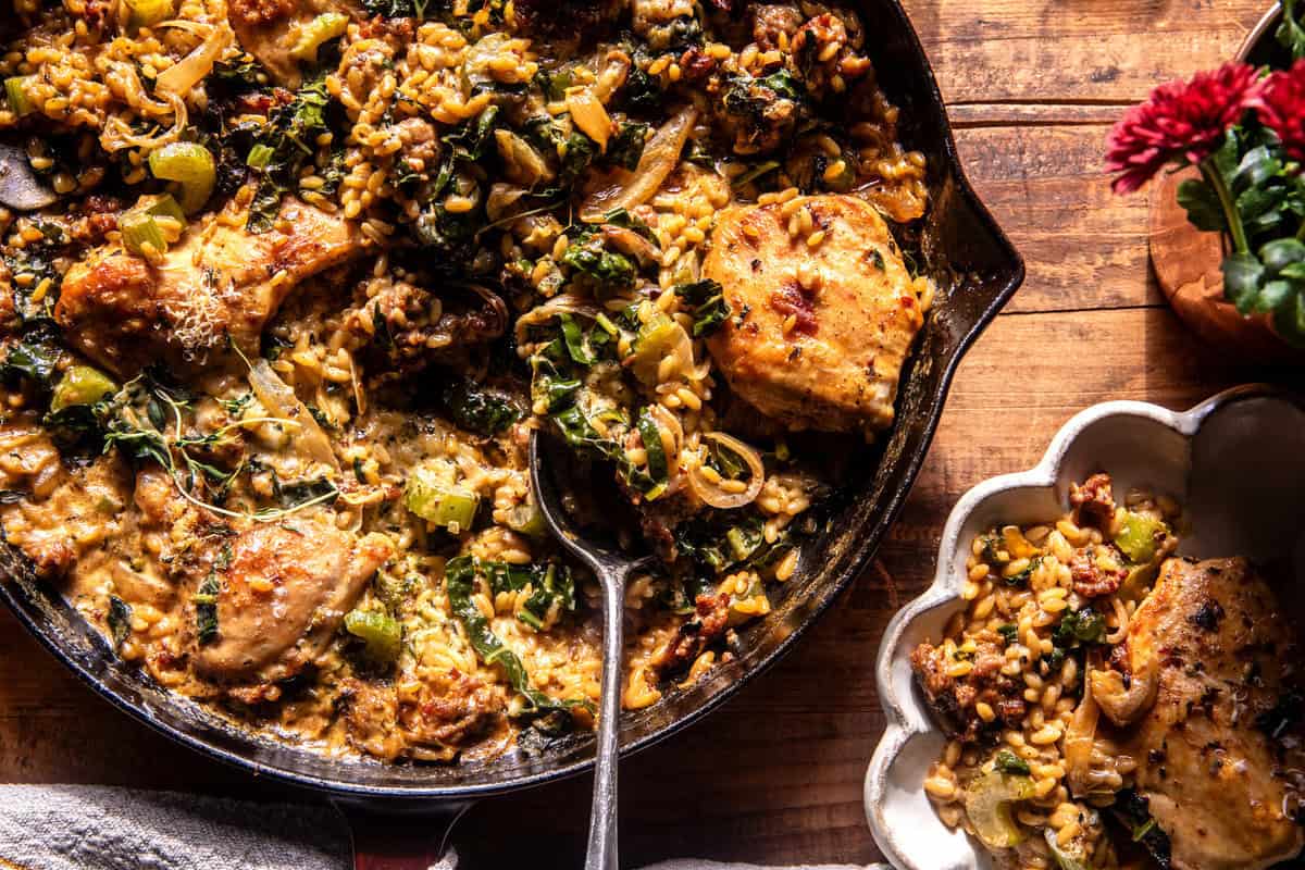 One Skillet Tuscan Chicken and Orzo | halfbakedharvest.com