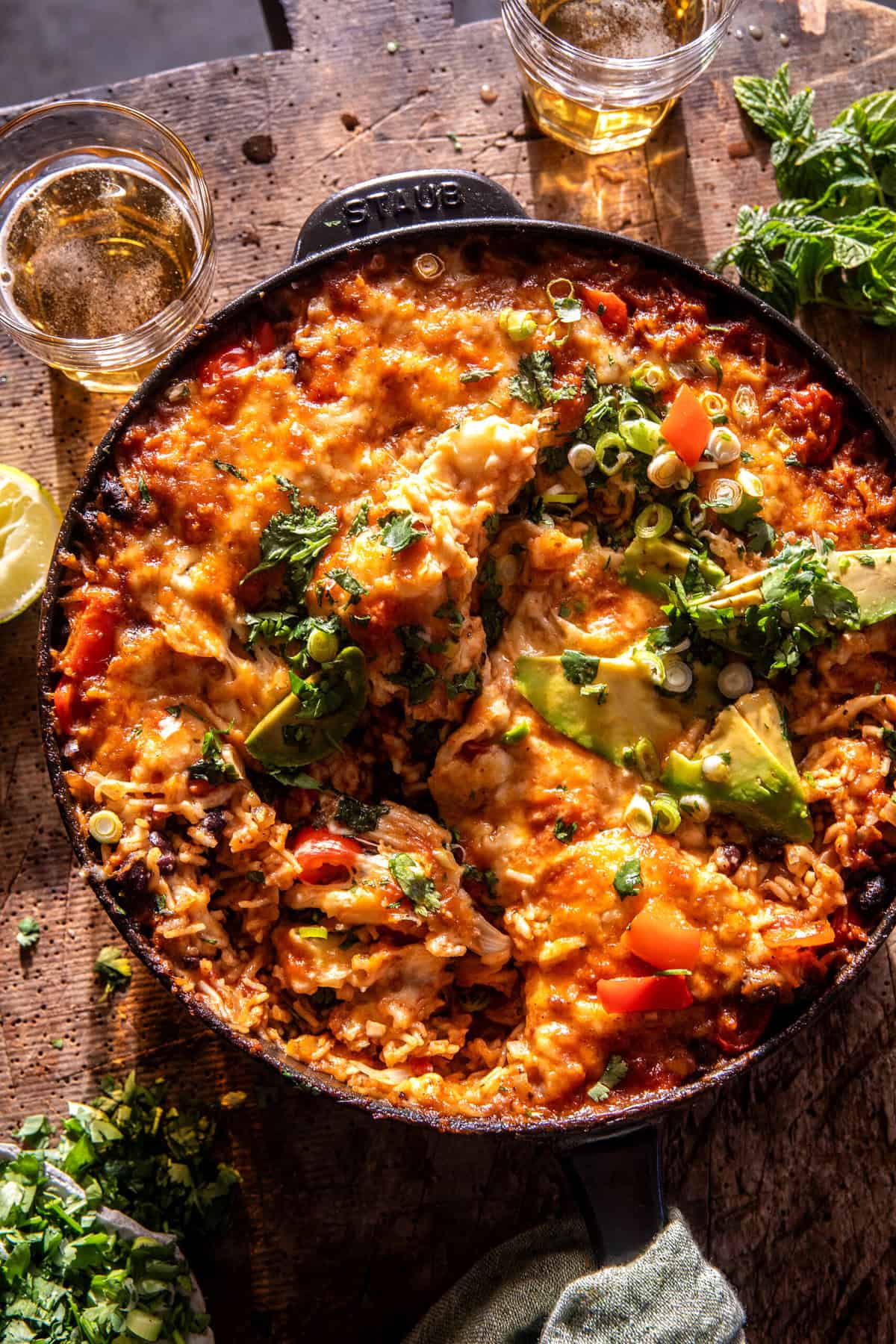 One Skillet Cheesy Salsa Chicken Rice Bake | halfbakedharvest.com