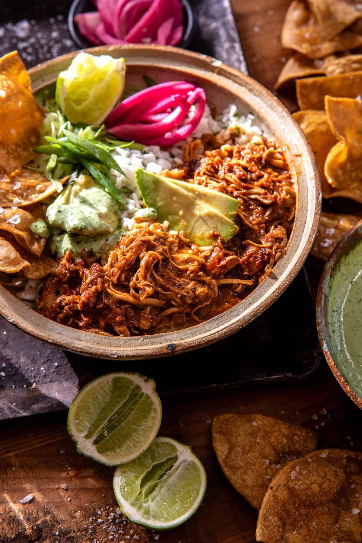 Crockpot Salsa Verde Chicken Tortilla Bowl | halfbakedharvest.com