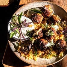 One Skillet Greek Meatballs and Lemon Rice | halfbakedharvest.com