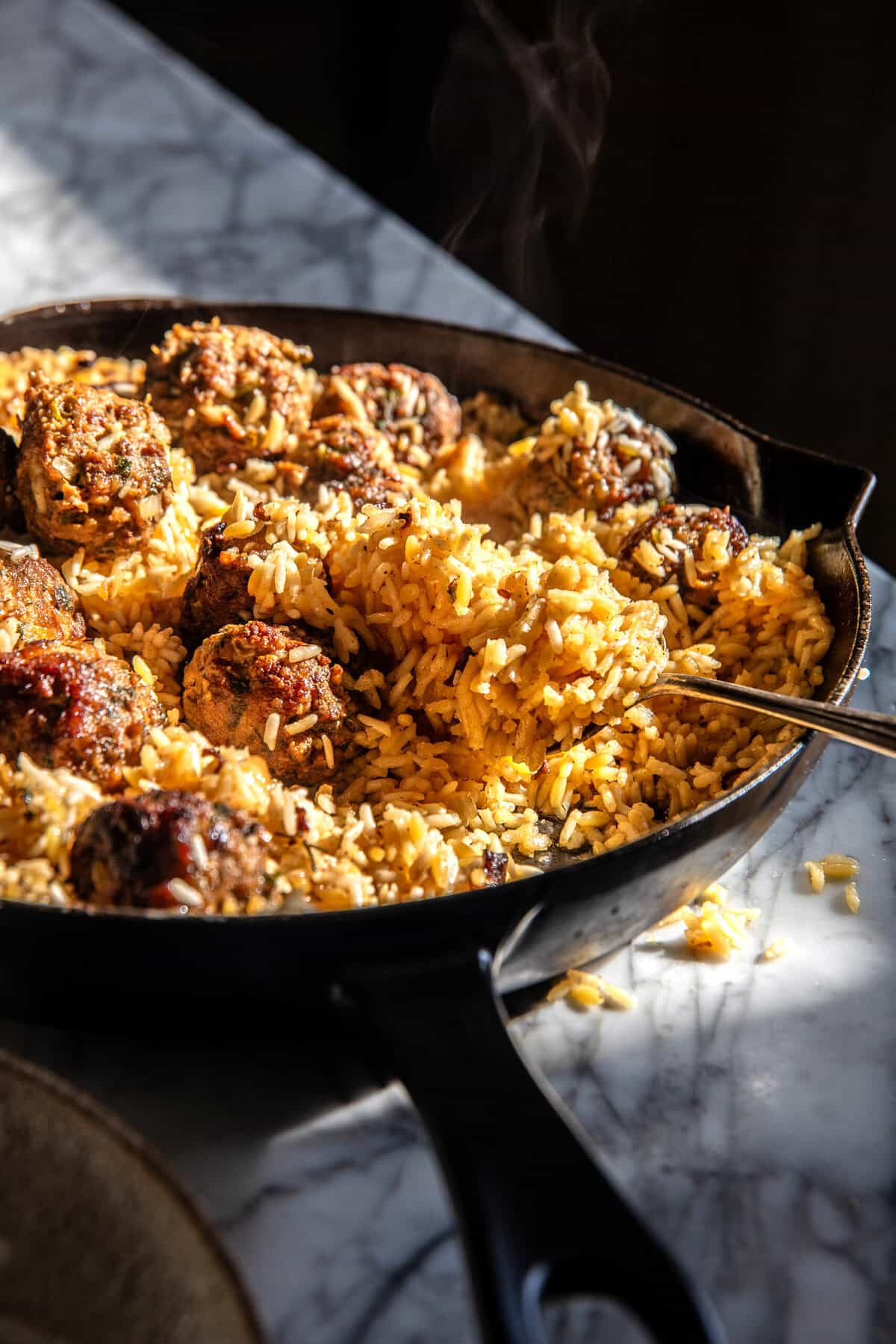 One Skillet Greek Meatballs and Lemon Rice | halfbakedharvest.com