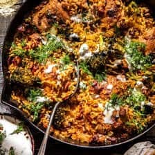 One Skillet Lemon Pepper Chicken and Orzo with Feta Sauce | halfbakedharvest.com