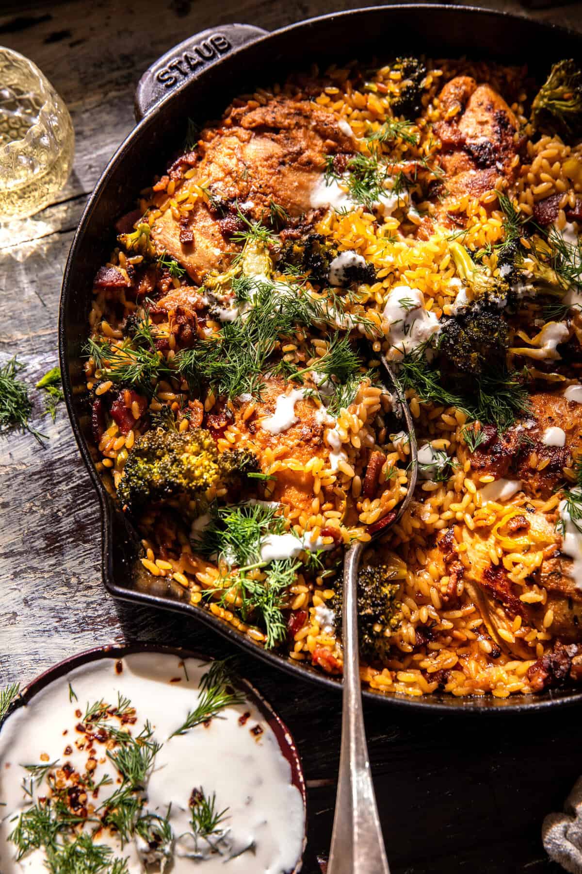One Skillet Lemon Pepper Chicken and Orzo with Feta Sauce | halfbakedharvest.com
