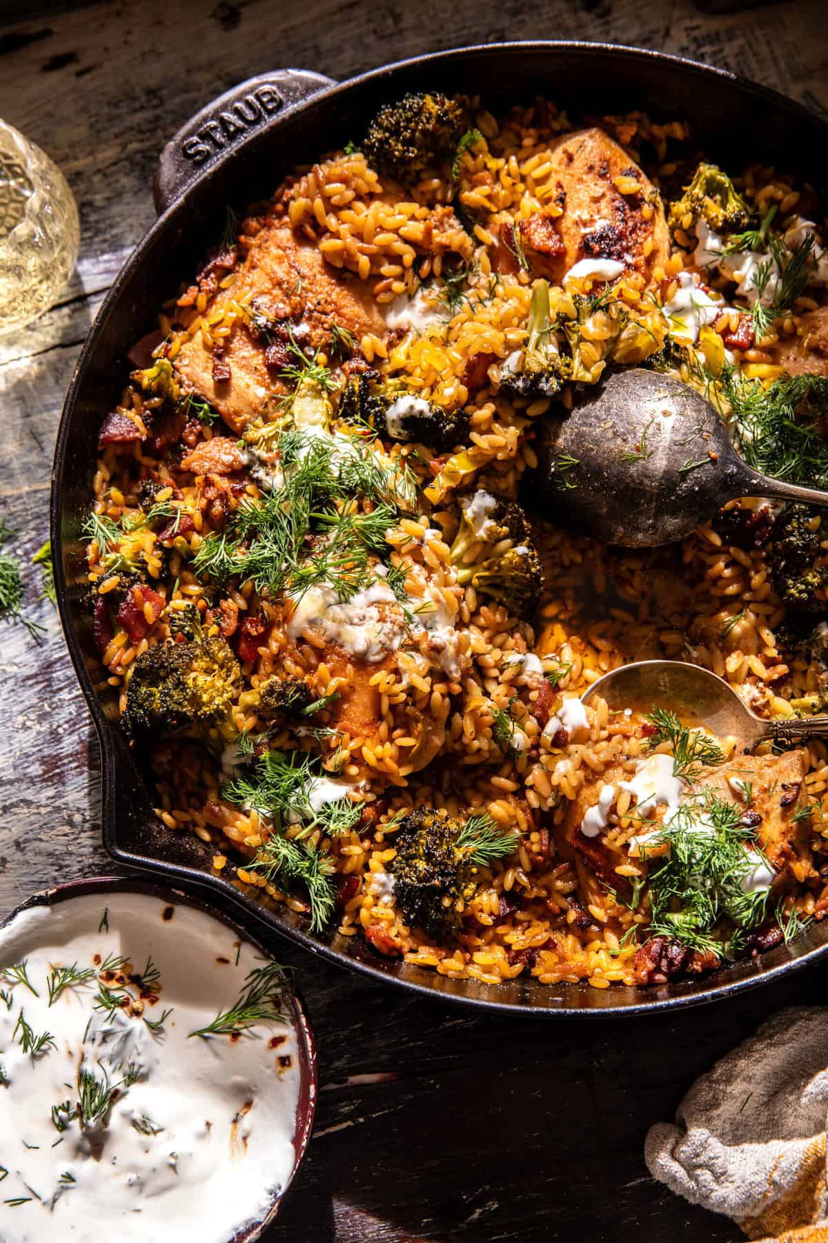 One Skillet Lemon Pepper Chicken and Orzo with Feta Sauce | halfbakedharvest.com