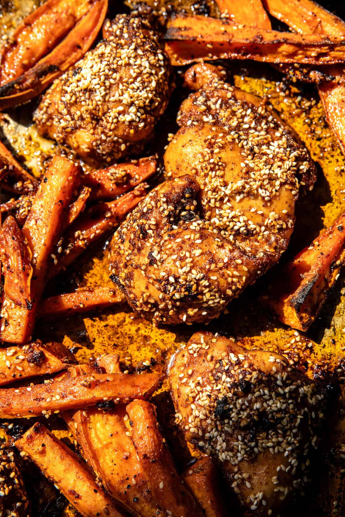 Sheet Pan Sesame Feta Chicken and Sweet Potatoes | halfbakedharvest.com
