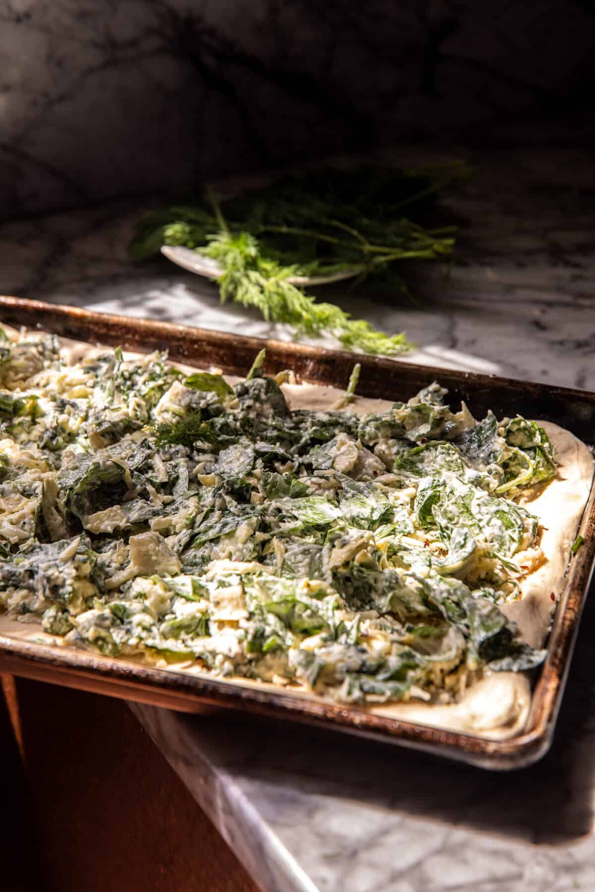 Sheet Pan Spinach Artichoke Dip Pizza | halfbakedharvest.com