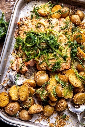 Sheet Pan Dijon Salmon and Panko Potatoes | halfbakedharvest.com