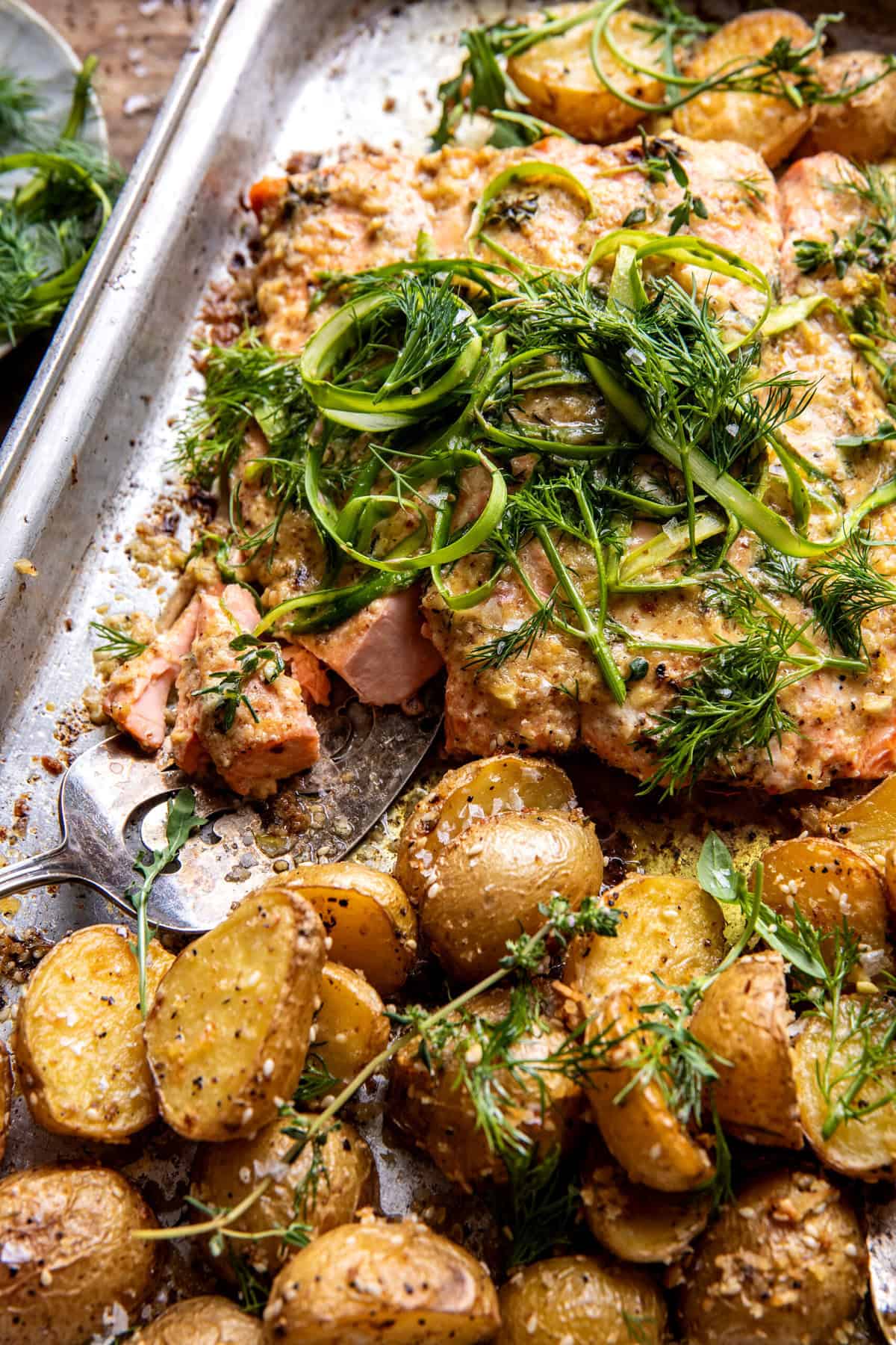 Sheet Pan Dijon Salmon and Panko Potatoes | halfbakedharvest.com