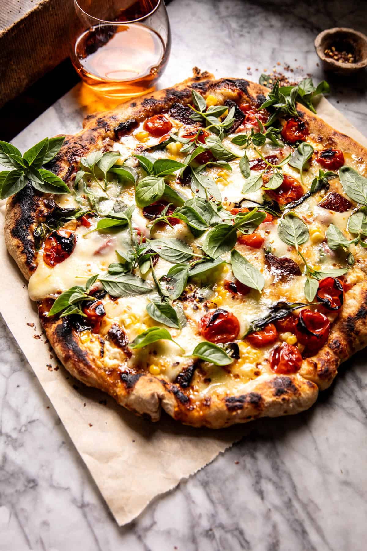 Bacon Goat Cheese Tomato Corn Pizza | halfbakedharvest.com