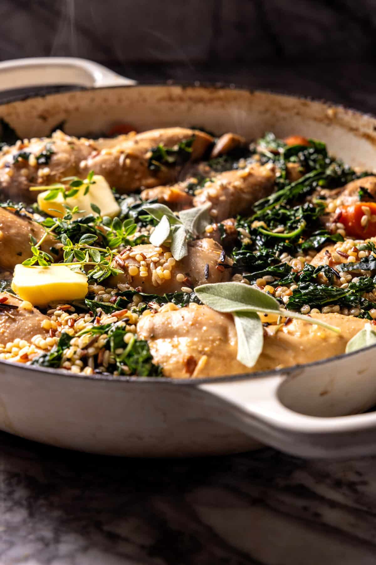 One Pot Creamy Garlic Chicken Wild Rice Casserole | halfbakedharvest.com