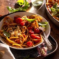 Skillet Burst Cherry Tomato White Wine Garlic Pasta | halfbakedharvest.com